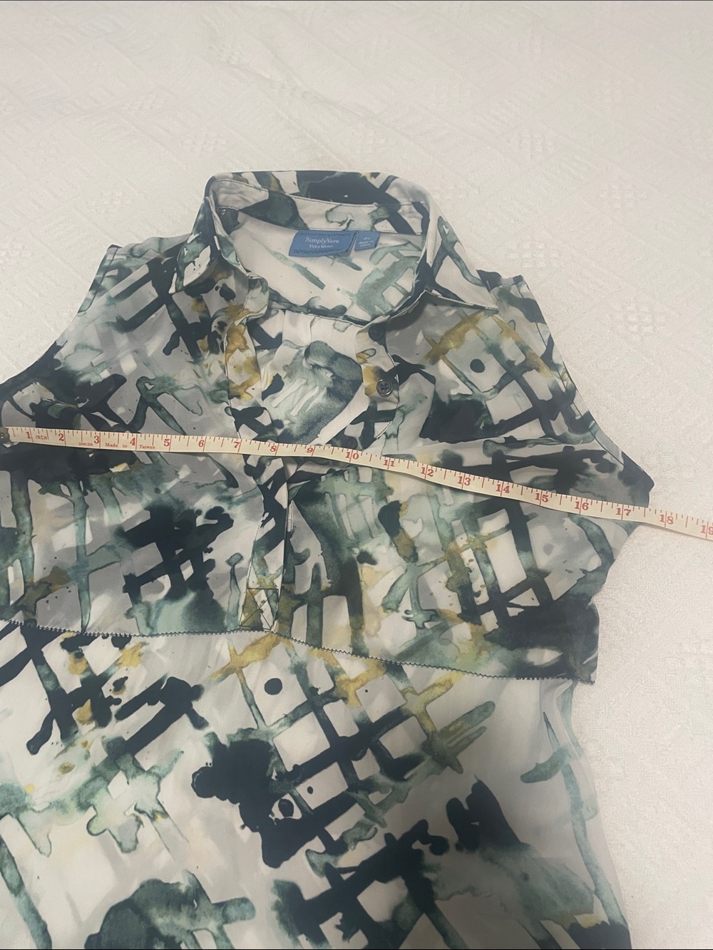 🖤5/$25 Vera wang silky Sleeveless Abstract Print Layered Blouse Blue Green White - Picture 7 of 17
